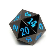 a black and blue dice with numbers on the side, in front of a white background