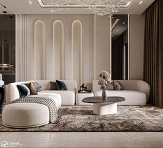 an elegant living room with white couches and round tables in front of a large mirror