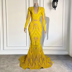 Yellow Long Sleeve Prom Dress, Yellow And Black Prom Dress, Evening Dresses 2022, Luulla Dresses, Yellow Prom Dresses, Long Sleeve Prom Dresses, Prom Dresses V Neck, Sleeve Prom Dresses, Yellow Prom