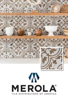 the logo for merola tile, with bowls and spoons on shelves in front of them