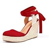 Amazon.com | Alexis Leroy Women's Summer T-Straps Buckle Design Fashion Wedge Heel Sandals Red 9-9.5 M US | Platforms & Wedges Closed Toe Wedges, Womens Espadrilles Wedges, Wrap Shoes, Lace Up Espadrilles, Sandals Platform, Women's Espadrilles, Espadrille Wedge