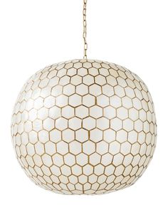 a white lamp hanging from a chain on top of a cell phone screen with the caption captioned capiz honeycomb chandelier