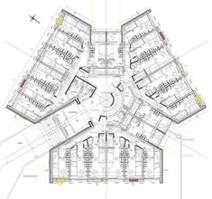 an architectural drawing shows the floor plan for a building with multiple floors and two levels