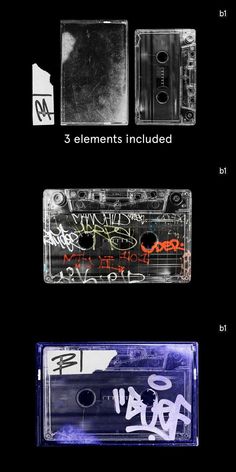 an old cassette with graffiti written on it, and the words'3 elements included '