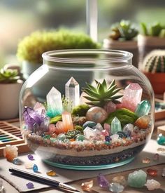 a glass bowl filled with lots of different colored rocks and plants on top of a table