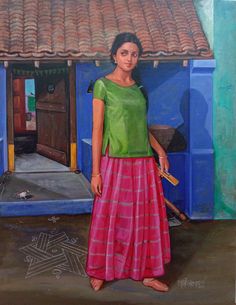 a painting of a woman standing in front of a blue building with a tiled roof