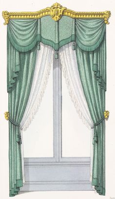 a drawing of a window with green curtains and gold trim