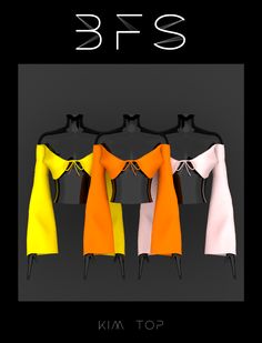 three different colored dresses hanging on a black background with the words 3 / 3 below them