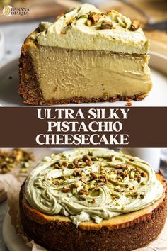 This ULTRA SILKY pistachio cheesecake is made in just a food processor with the simplest dairy free ingredients- and no eggs nor pudding mixes! Baked in a graham cracker pistachio crust and topped with pistachio cream cheese frosting! Pistachio Cream Cheesecake, Best Vegan Cake, Pistachio Cheesecake Recipe, Banana Diaries, Vegan Cupcake Recipes