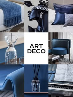 art deco collage with blue furniture and accessories