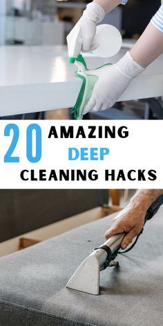 a person cleaning a mattress with a sponge and cloth on it, while the text reads 20 amazing deep cleaning hacks