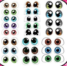 an assortment of different colored eyes on a white background