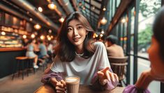 a woman sitting at a table with a cup of coffee in her hand and talking to another woman