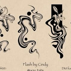 three different types of tattoos with flowers and swirls on the sides, each one in black