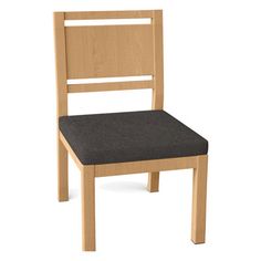 a wooden chair with a black seat pad on it's backrest and the seat upholstered