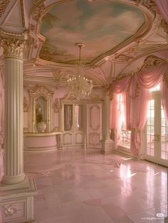 an ornately decorated room with pink drapes and chandelier