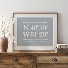 a framed print with the coordinates of north and west, on a dresser next to a vase