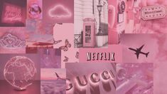 a collage of pink images with the words netflix, such as an airplane and a globe