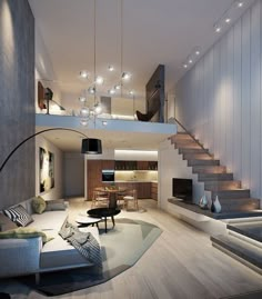 a living room filled with furniture next to a staircase