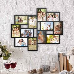 a collage of photos hanging on the wall next to a vase with flowers in it