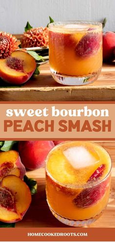 two glasses filled with peach smash on top of a wooden table next to sliced peaches