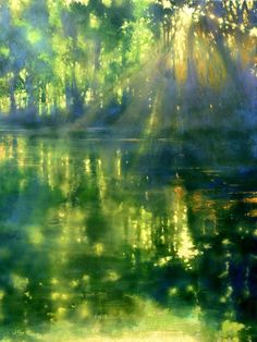 an oil painting of trees and water with sunlight coming through the leaves on the branches