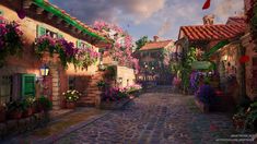 an animated image of a cobblestone street with potted plants and flowers on either side