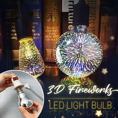 a hand is holding a light bulb in front of bookshelves with fireworks on them