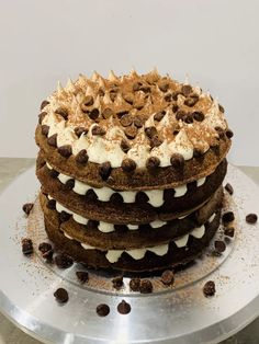 a cake with chocolate chips and white frosting on top sitting on a silver platter