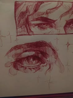 three different views of the same person's face and eyes, each with their own pencil