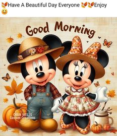 two mickey and minnie mouses are standing next to each other, with the words good morning