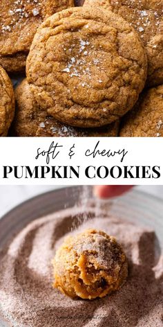 soft and chewy pumpkin cookies with powdered sugar in the middle on a plate