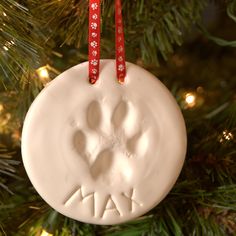 a white ornament hanging from a christmas tree