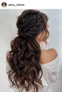 Hairstyles For Bridesmaids Down Curls, Bridesmaid Hair Curly Natural Half Up, Wedding Hairstyles Brown Hair With Veil, Curly Half Updos For Long Hair, Wedding Day Hair Half Up, Maid Of Honor Hairstyles For Long Hair Half Up, Long Brown Hair Wedding Hairstyles, Maggie Curls, Dark Brown Wedding Hair