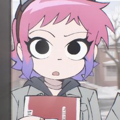 a girl with pink hair holding a red box