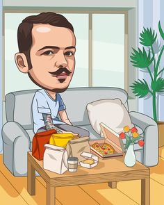 a man sitting on a couch with food in front of him