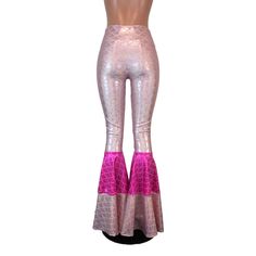 "**Due to SO MANY issues with USPS - we STRONGLY ENCOURAGE you to purchase the UPS Upgrade with your order located here: https://www.etsy.com/listing/926751536/ups-upgrade Funky and Bold new style of tiered flare bell bottoms in light pink mermaid holographic with a contrast of hot pink mermaid holographic. Perfect for your mermaid costume! These bell bottoms will fit you perfectly. They hug your hips and flare out at the feet. The standard inseam is 34\" but can be customized if you put your de Pink High Waist Party Leggings, Pink High-waist Party Leggings, Pink High Waist Leggings For Party, High-waist Pink Leggings For Party, Pink Stretch Pants For Party, Pink Stretch Leggings For Party, Pink Disco Party Bottoms, Pink Stretch Wide Leg Leggings, Pink Trousers For Party