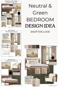 the bedroom design is shown with neutral and green colors