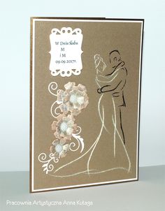 a wedding card with a drawing of a bride and groom holding each other's hand