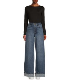 Luxury Casual Wide-leg Jeans, Edgy Wide-leg Denim Jeans, Wide-leg Denim Jeans With Elastic Waistband, Luxury Wide-leg Denim Jeans, Cuffed Jeans Outfit, Luxury Dark Wash Wide-leg Jeans, Cuffed Denim Jeans, Jeans Outfit Fall, Cuffed Jeans