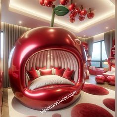 a red bed in the middle of a room with cherry decorations on the ceiling and floor