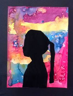 the silhouette of a person in front of a colorful background with watercolors on it