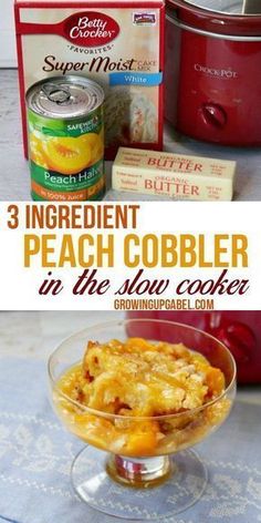 three ingredient peach cobbler in the slow cooker