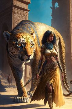 a painting of a woman walking next to a large tiger in an ancient world setting