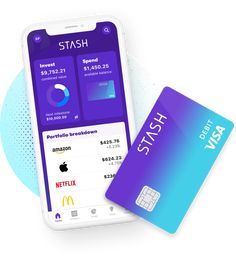 a purple and blue credit card next to an iphone