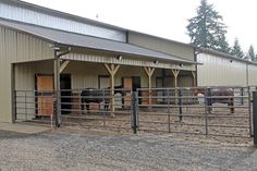 a barn with horses in it and fenced in area next to the building that houses them