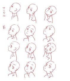 the stages of drawing people's heads in red ink on white paper, each with different