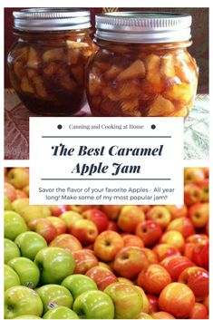 the best caramel apple jam recipe is in this postcard with images of jars full of apples