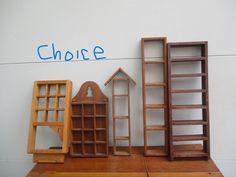 there are several wooden shelves on top of each other with the word choice above them