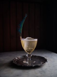 a glass filled with liquid and a small blue feather on top of the drink in it